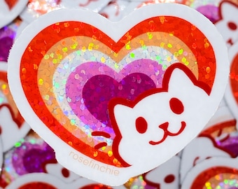 Lesbian Pride Cat Heart - 2” LGBT Glitter Sticker