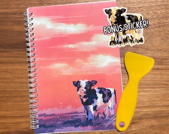 Friendly Cow Stickerbook - 5"x8" A5 Reusable Sticker Collection Book with Scraper and Bonus Cow Sticker