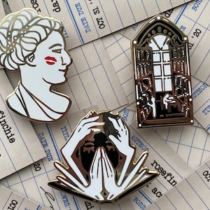 Dark Academia Hard Enamel Pin Collection - Screenprint Statue Kiss, Library Window, and Head in Hands with Book