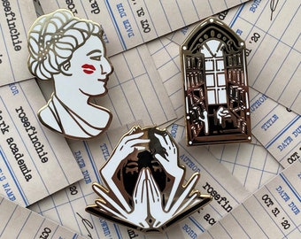Dark Academia Hard Enamel Pin Collection - Screenprint Statue Kiss, Library Window, and Head in Hands with Book