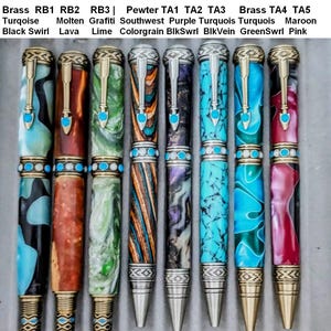 May include: Ten pens with different colored and patterned barrels. The pens are all silver and gold with a turquoise accent. The pens are labeled with the names "Rollerball" and "Twist Action".