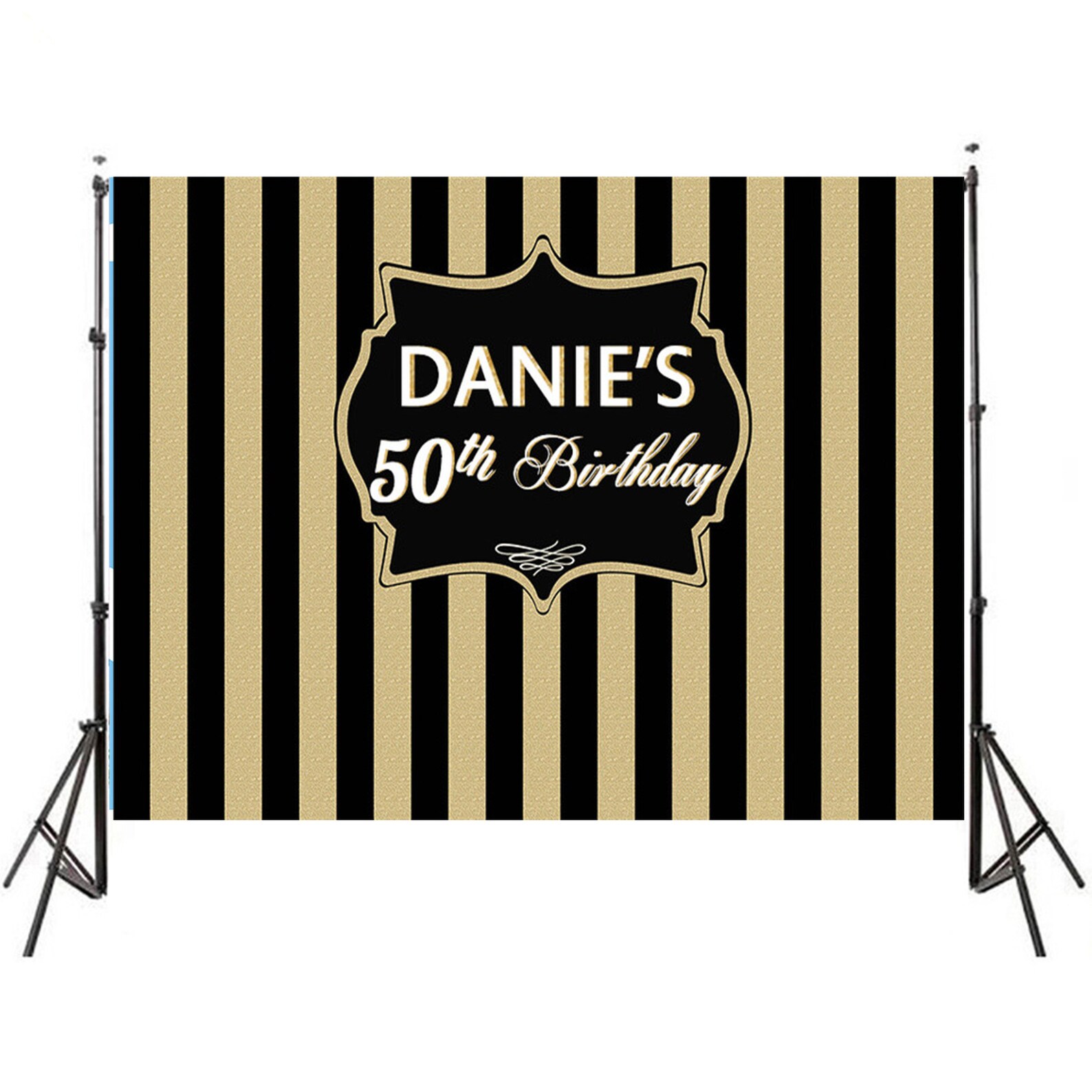 Black And Gold Glitter Striped Backdrops Happy 50th Birthday Etsy