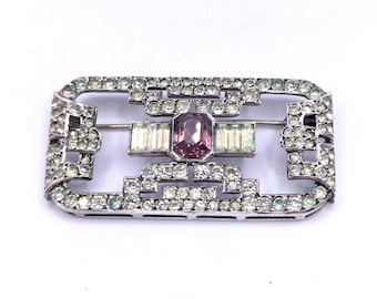 Art Deco French Solid Silver Geometric Paste Brooch