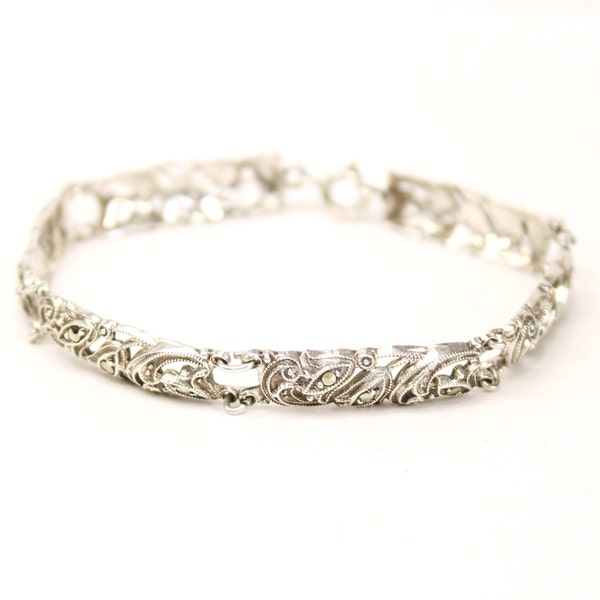 Bracelet ancien en marcassite en argent massif. 6 1/2 pouces de long