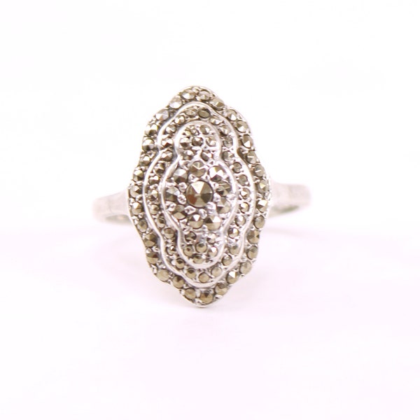 Art Deco style vintage solid silver marcasite gemstone statement dress ring. UK size M, US size 6 1/4