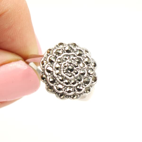 Art Deco style vintage solid silver marcasite gemstone statement dress ring. UK size P, US size 8