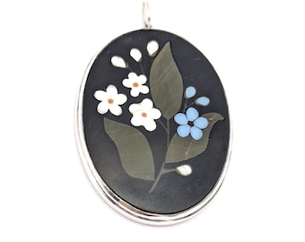 Vintage Sterling Silver Pietra Dura Floral Oval Pendant | Birm Hallmarks 1984