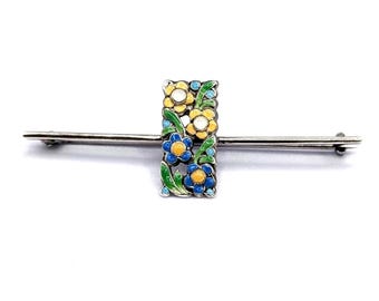 Vintage Sterling Silver Enamel Flower Bar Brooch Style of Bernard Instone