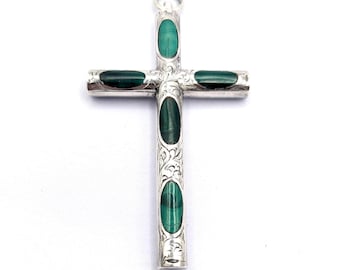 Antique Victorian Scottish Silver & Malachite Large Cross Pendant