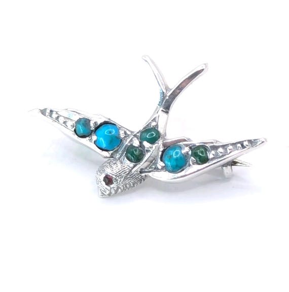 Antique Solid Silver Turquoise Swallow Brooch - image 2
