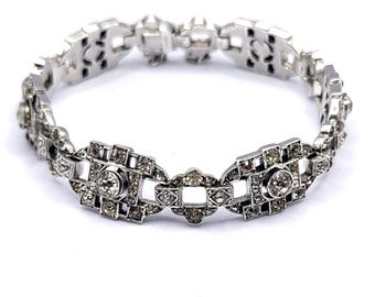 Art Deco Silver & Hand Cut Paste Stone Link Bracelet