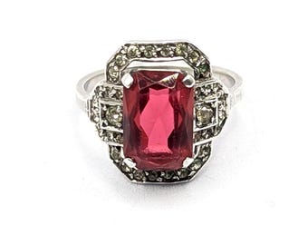 Vintage Art Deco SCP Silver & Red Paste Dress Ring. UK size M, USA size 6 1/4