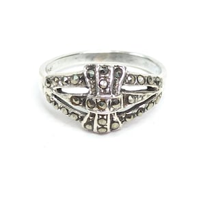 Vintage Art Deco style solid silver marcasite gemstone statement dress ring UK size P 1/2, US size 8