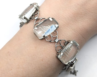 Pulsera vintage japonesa de plata con eslabones de cristal de pagoda (década de 1950)