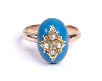 Antique Victorian 9ct rose gold, enamel, pearl and diamond ring. Size UK L 1/2, USA size 6