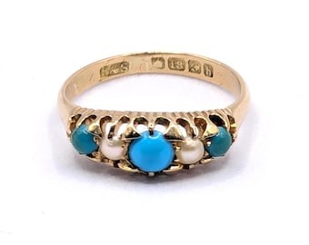 Edwardian 18ct gold five stone turquoise & pearl ring. Birmingham 1907. Size UK O, size US 7