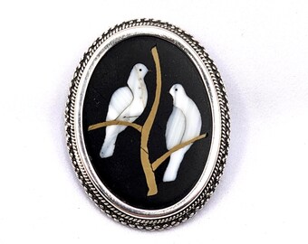 Fine Vintage Pietra Dura Bird Brooch - 800 Silver - Italian Hardstone Inlay