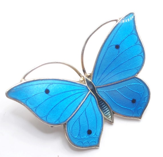 Art Deco silver Guilloche Blue Enamel butterfly b… - image 4