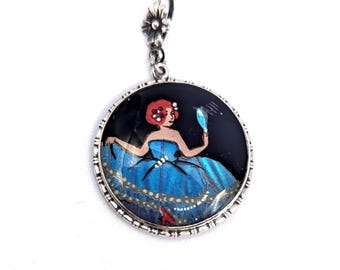 Rare Art Deco Sterling Silver Blue Butterfly Wing Pendant - Crinoline Lady with Mirror
