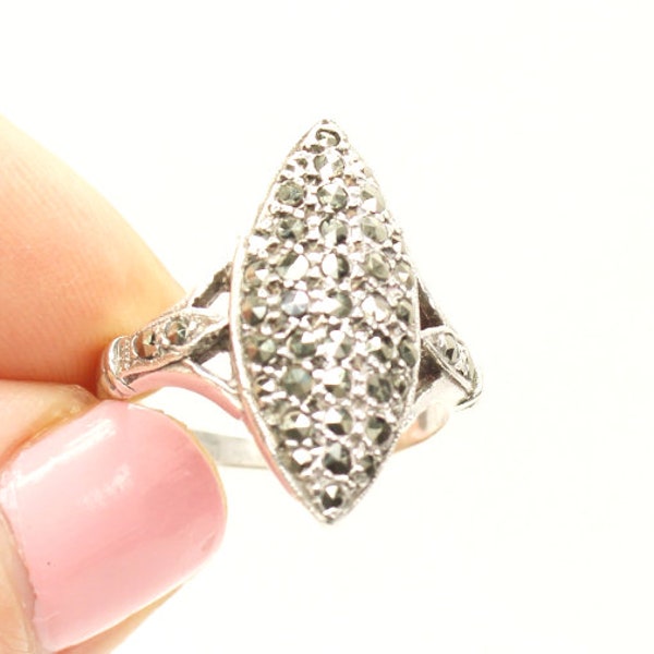 Art Deco style vintage ring solid silver marcasite gemstone statement dress ring size UK N size US - 7