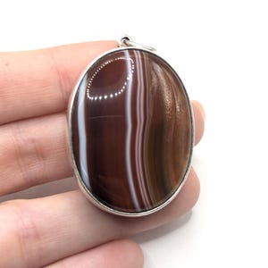 Large Vintage Sterling Silver Pendant - Banded Agate Style Glass
