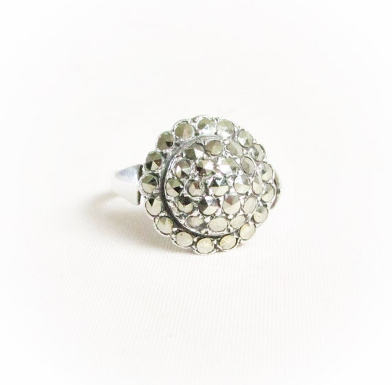 Vintage Art Deco solid silver marcasite gemstone statement dress ring size UK N 1/2 size US 7 1/2