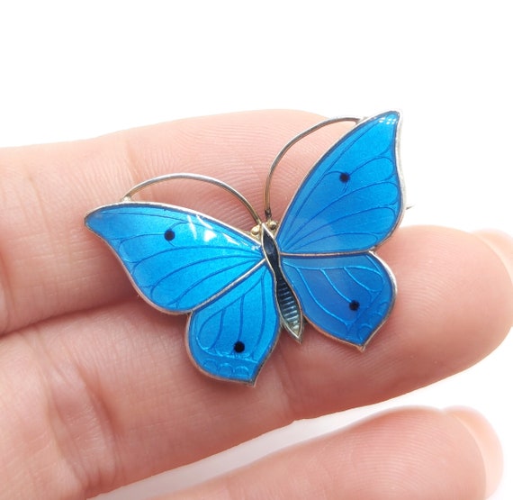 Art Deco silver Guilloche Blue Enamel butterfly b… - image 9