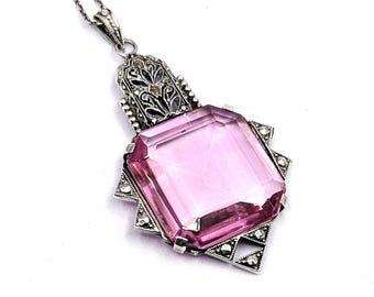 Late Art Deco Sterling Silver Paste Pendant | Iconic Geometric Designed Necklace
