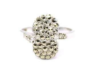 Vintage Art Deco solid silver marcasite gemstone statement dress ring. UK size N, USA size 7