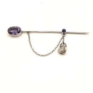 Edwardian Sterling Silver Amethyst & Pearl Bar Pin