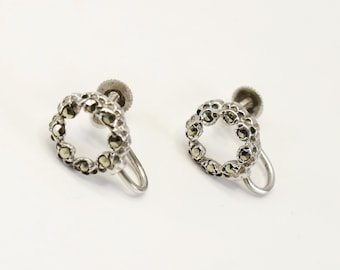 True vintage solid silver marcasite gemstone round screw-back earrings