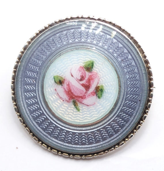 Art Deco silver Guilloche Enamel rose brooch. Cir… - image 2