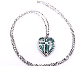 Antique Victorian Scottish Silver Malachite Heart Pendant & Chain