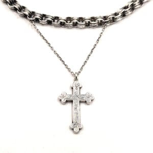 Antique Victorian Silver Chain Necklace with Engraved Cross Pendant