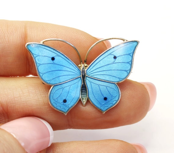 Art Deco silver Guilloche Blue Enamel butterfly b… - image 2