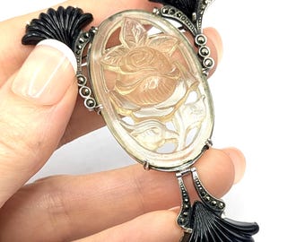 Vintage large Jorge A Cohen (JAC) Art Deco Revival Kinetic Brooch – Silver 835, marcasite, Galalith