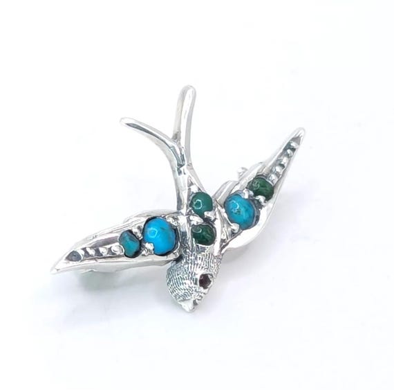 Antique Solid Silver Turquoise Swallow Brooch - image 1