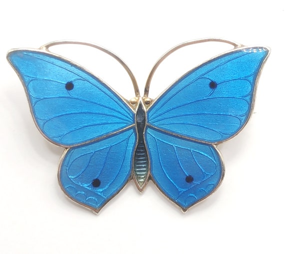 Art Deco silver Guilloche Blue Enamel butterfly b… - image 1