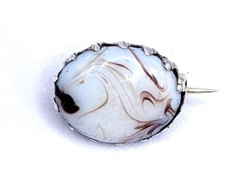 Victorian | Antique Solid Silver Marbled Glass Lace Pin Brooch