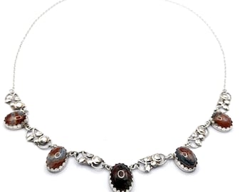 Vintage Scottish Sterling Silver Moss Agate Floral Link Necklace
