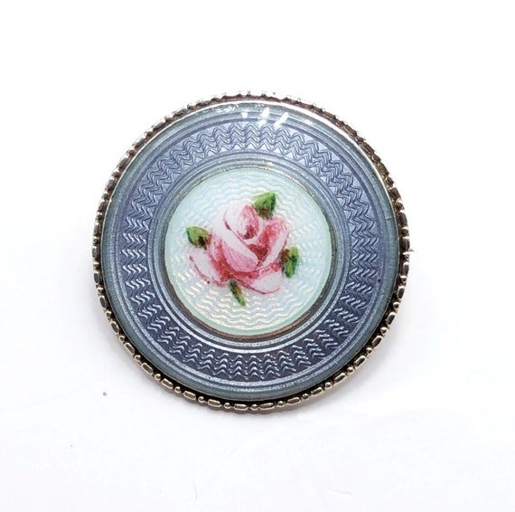 Art Deco silver Guilloche Enamel rose brooch. Cir… - image 1