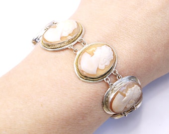 Vintage Silver-Plated Bracelet with Carved Shell Cameos (Goddess Figures)