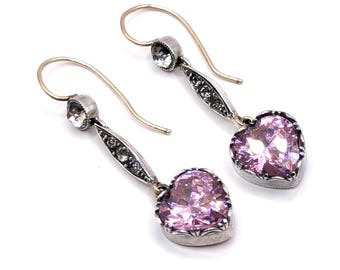 Victorian / Antique Pink Paste Heart Drop Earrings: Silver & Gold