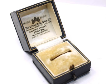 Antique English navy blue leather ring box by Bruford & Son - Exeter. Perfect for a gift or presentation