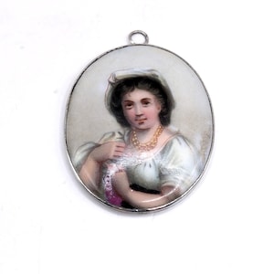 Antique Hand-Painted Porcelain Pendant with Silver Frame and Unique Engraved Back