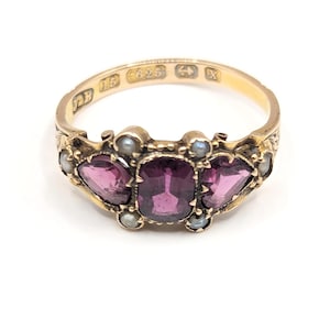 Viktorianischer 15 Karat Gold Rhodolith Granat & Samenperle Ring, Birmingham 1872. Größe UK K 1/2, Größe US 13,5