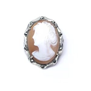 Vintage solid silver marcasite carved shell cameo brooch