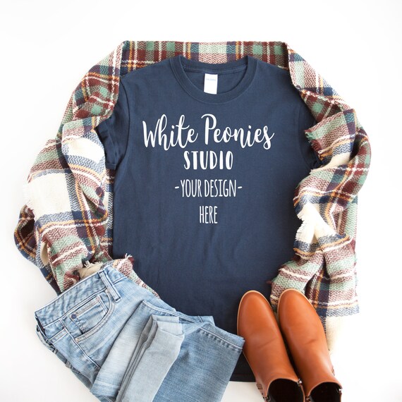 Download Gildan 500 Navy Mockup Winter T-Shirt Mock Up Woman Styled ...