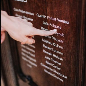 May include: A wooden sign with white text that reads "LA REDOUTABLE" and a list of names. A finger points to a name on the list. The sign is for a wedding, "MARIAGE EVE & SEBASTIEN".