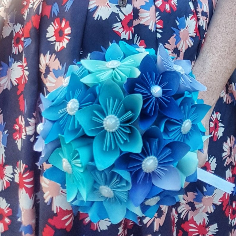 bride origami bouquet Custom wedding paper flower bouquet ball blue theme Paper wedding anniversary gift bridesmaid bouquet